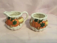 Fall Creamer & Sugar Bowl  w/ Raised Pumpkin , Corn & Nuts