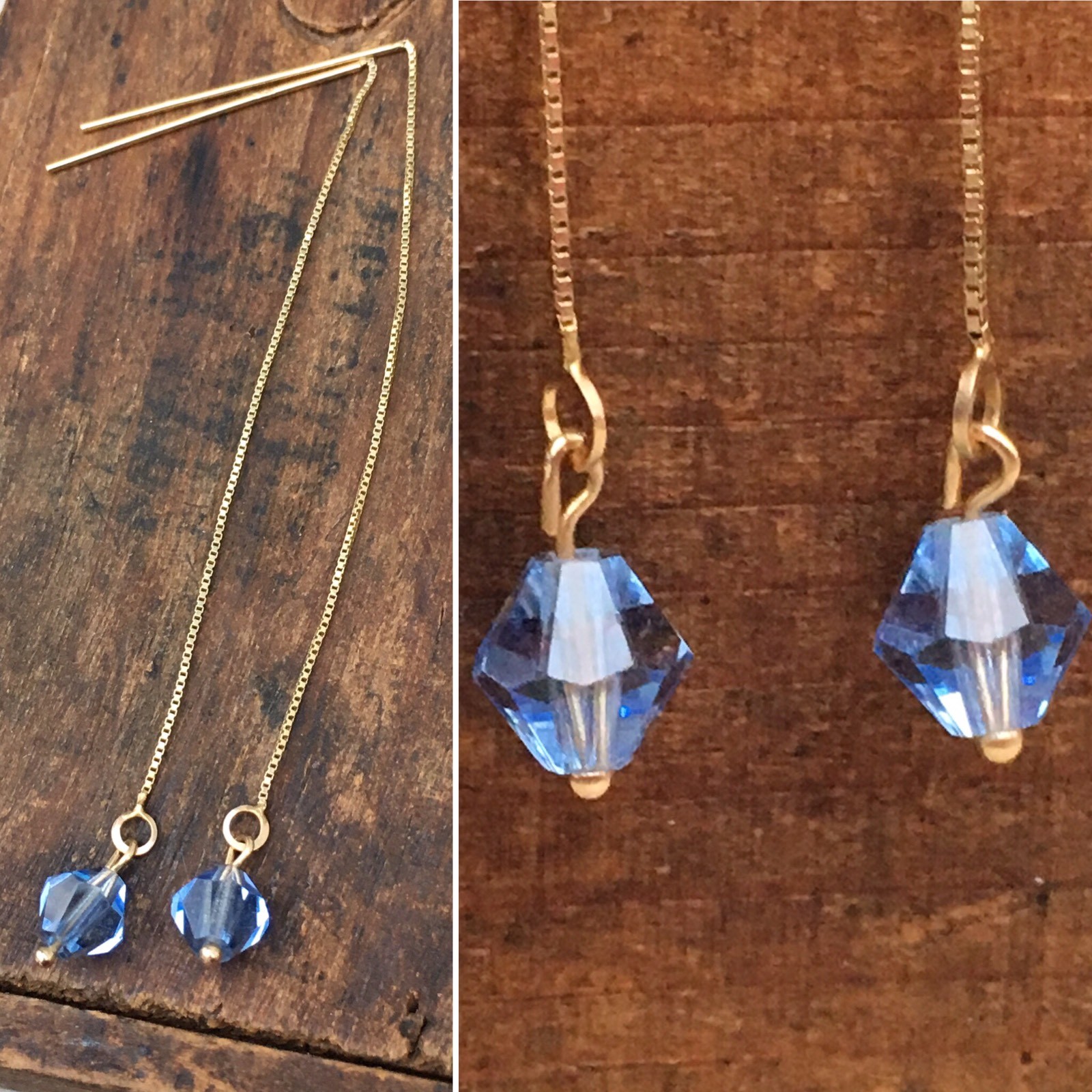 14k Solid Yellow Gold Dangle Chain Earrings Blue … - image 1