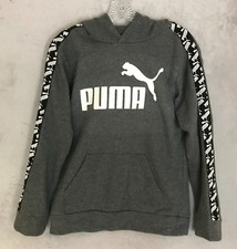 Puma Boys Youth Large 14-16 Hoodie Sweatshirt Gray Fleece Spellout Cat Logo
