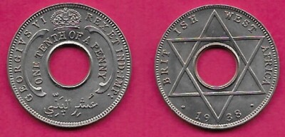 イギリス領西アフリカ　１／１０ペニー硬貨☆1938年／未使用品／ジョージ6世／ BRITISH WEST AFRICA 1/10 PENNY 1938 UNC KING GEORGE VI,HEXAGRAM