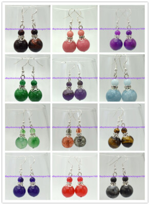 6mm&14mm Natural Multicolor Gemstone Round Beads Silver Hook Dangle Earring