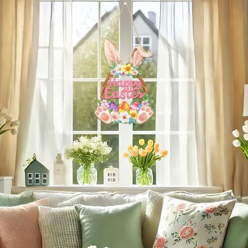 Wooden Easter Decoration Door Wreath for Front Door Sign Wall Signs Rabbit Sprin - Picture 5 of 7