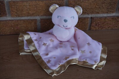 SECURITY Blanket BABY ESSENTIALS Pink TEDDY BEAR Gold Stars Trim Baby Girl Lovey