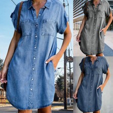 Womens Summer Denim Look Casual Baggy Tunic Tops Holiday Beach Mini Shirt Dress