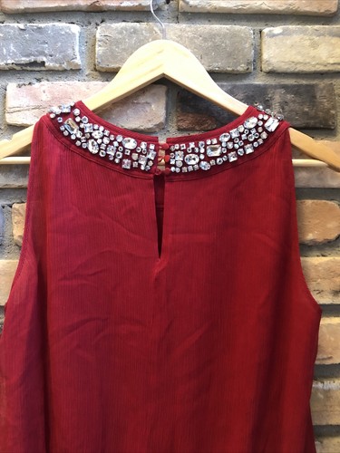 Magaschoni Deep Red Silk Sleeveless Party Top Rhinestones Euc 8 - Picture 7 of 10