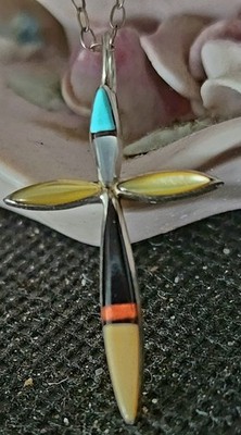 Lydia Bowekaty, NATIVE AMERICAN ZUNI CROSS NECKLACE; Signed By