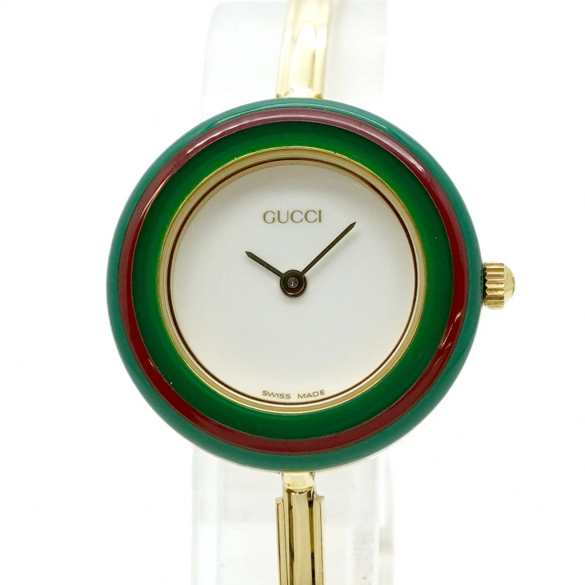 Montre bracelet GUCCI lunette à changement 11/12,2 cadran blanc femme quartz plaqué or occasion