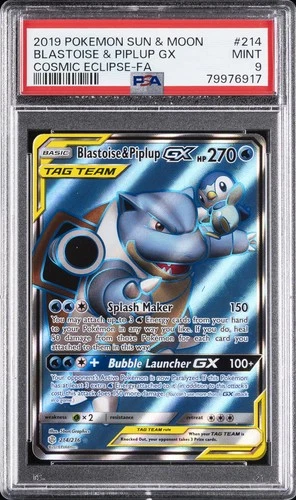 2019 POKEMON SUN & MOON COSMIC ECLIPSE #214 FULL ART/BLASTOISE & PIPLUP GX PSA 9