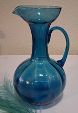 Vtg 1950s Blenko Hand Blown Turq Blue Decanter/Vase Stretchd Spout Applied Handl