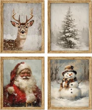 4Set Vintage Winter Christmas Prints Poster Unframed 8x10 Rustic Santa & Reindee
