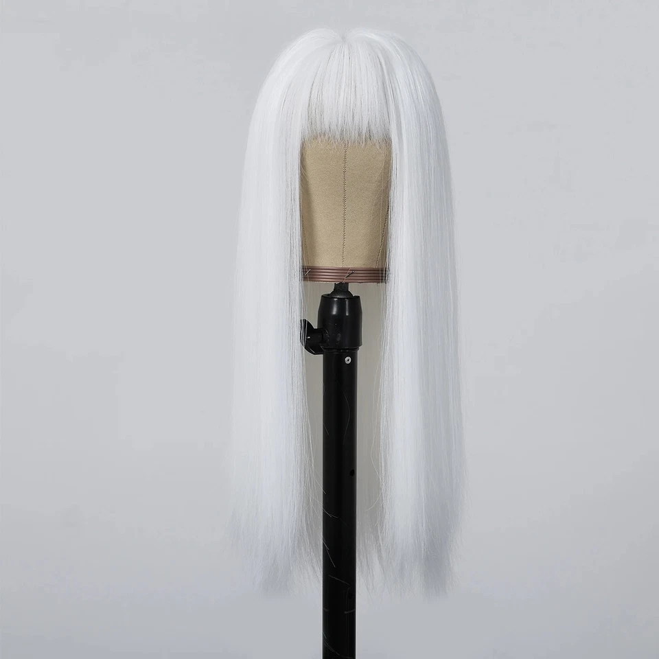 Peluca sintética larga recta blanca pura con flequillo - Juegos con disfraces resistentes al calor Foto 4 de 4