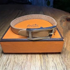 Authentic Hermes Brown Leather Bracelet Silver Hardware Pre Owned Great Shape