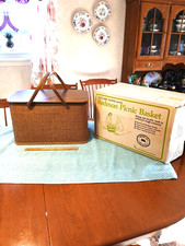 Vintage Redmon Wicker Picnic Basket in its original box W/ Plates and cups.