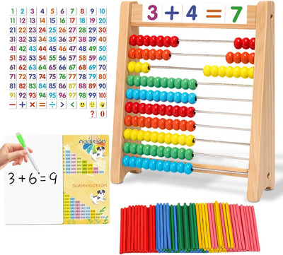 Wooden Abacus for Kids Math - 10-Row Counting Toy with 100 Beads, Number Cards &