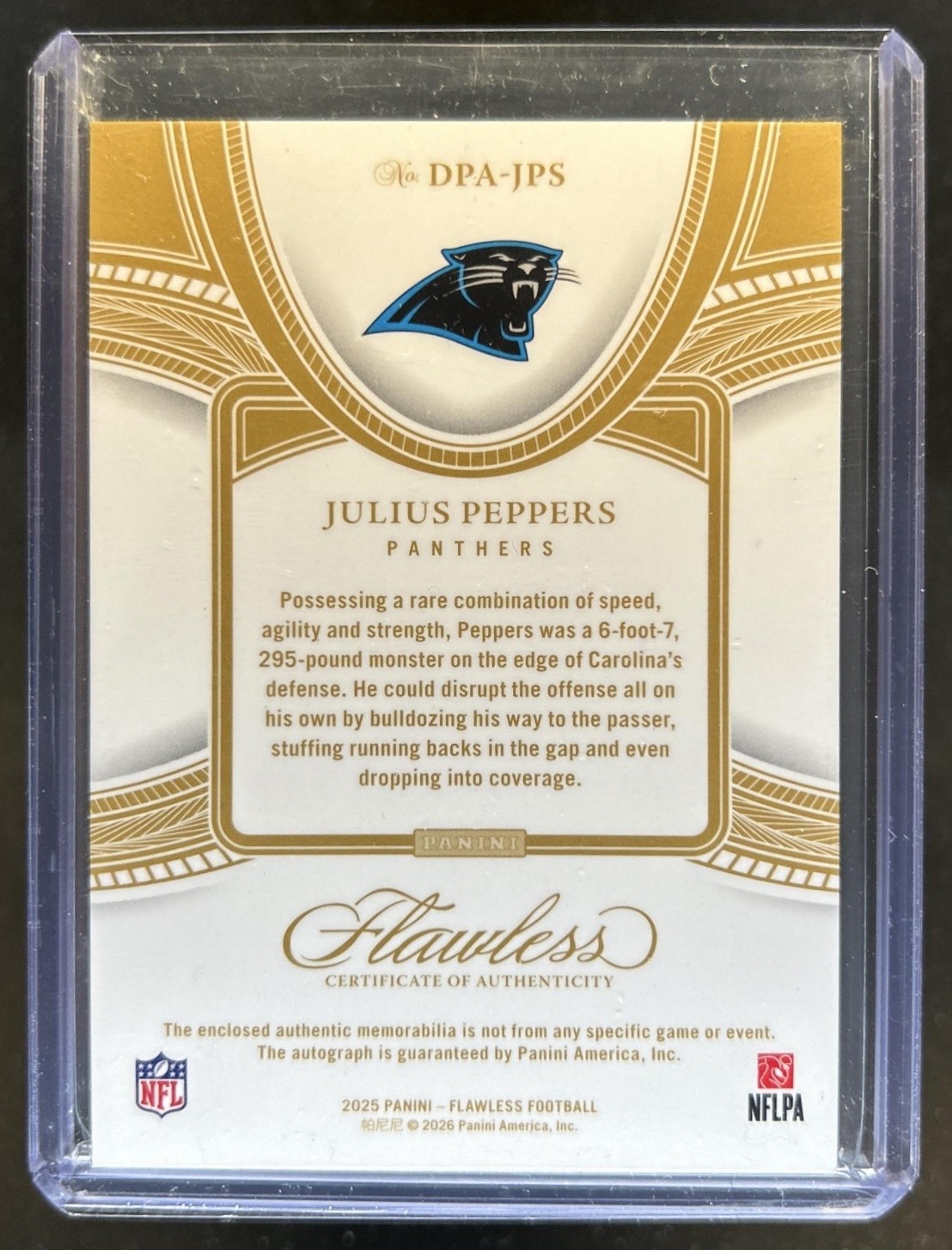 2025 Panini Flawless Julius Peppers Distinguished Patch Auto Sapphire #/10 view 2