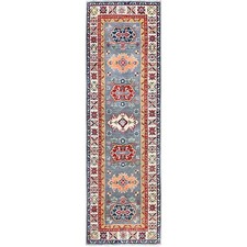 2'x6'6" Gray Kazak with Tribal Design Soft Wool Hand Knotted Runner Rug R503
