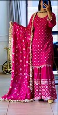 Women s Pink Chinon Silk Sharara Suit Set Sequins Embroidered Kurti Dupatta Part