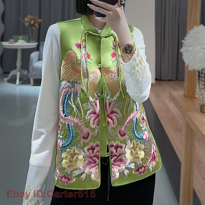 Embroidery Womens Chinese Style Imitated Silk Satin Retro Vest Waistcoat Top image 3