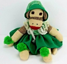 Vintage Sock Monkey Handmade Dress Matching Cap Green 16" Nostalgia Collectible