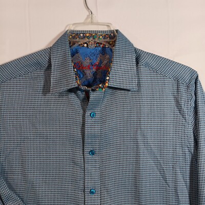 Robert Graham Mens M Blue Shirt Long Sleeve Geometric Flip Cuff Japanese Samurai