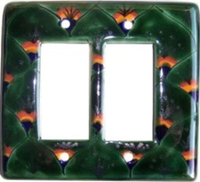 TalaMex Mexican Ceramic Wall Plate Green Peacock Double GFI/Rocker