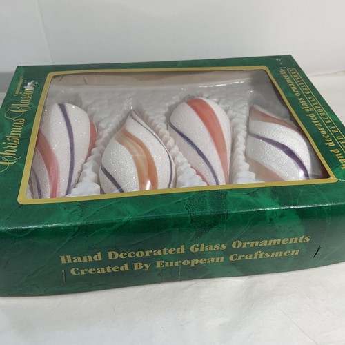4 Pc Vintage Teardrop Ornaments Commodore Romania Glass Red Purple Stripe Mica - Picture 9 of 9