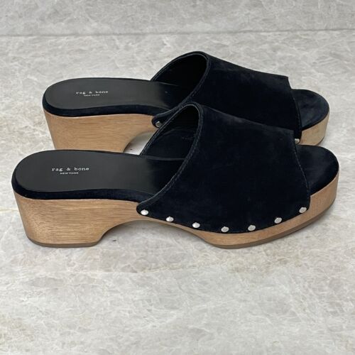 Rag & Bone Mara Clogs Womens 8.5-9 Black Suede Studs Wooden Open Toe Block Heel - Picture 7 of 14