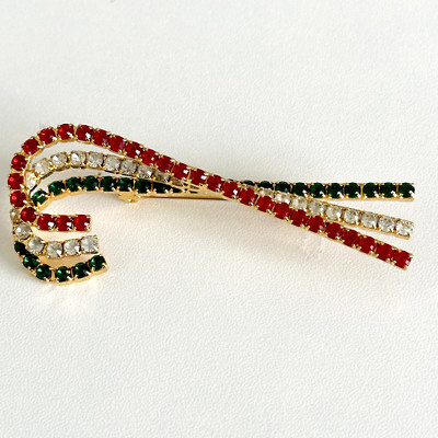 Vintage Large Candy Cane Gold Tone Red White & Green Rhinestone Christmas Brooch
