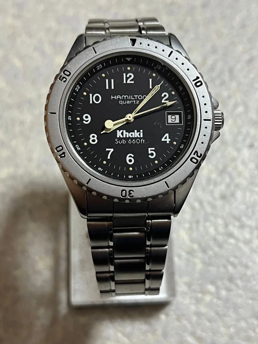 Excellent Hamilton Khaki Sub 660 ft 9745B Quartz Date Round Black
