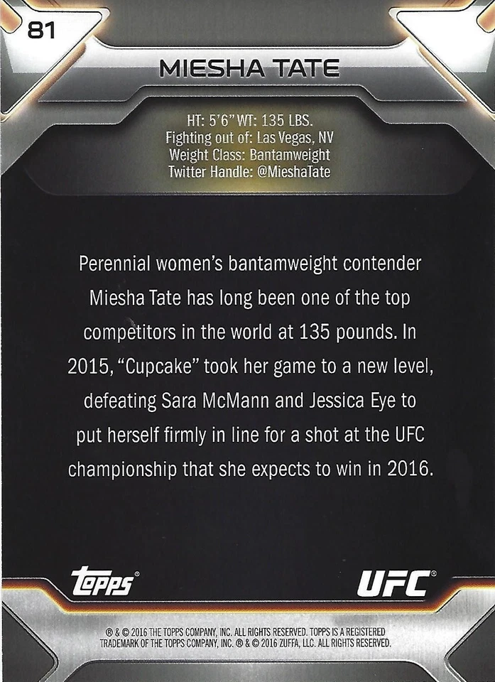Tarjeta dorada Miesha Tate 2016 Topps UFC Knockout 5x7 #81 #/d 5/10 Strikeforce Champ Foto 2 de 4