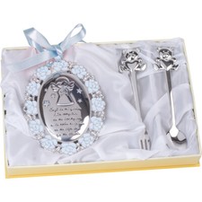 Médaille De Berceau Bleu Et 2 Couverts Ours 10x12.5cm Argent