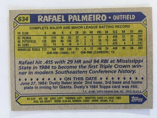 1987 Topps Rafael Palmeiro RC Chicago Cubs No. 634 - Picture 2 of 2