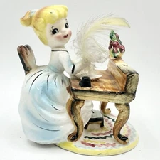 Vintage Artmark Girl At Writing Desk Figurine Blue Dress Feather Pen Porcelain