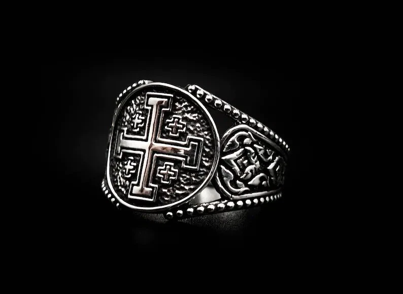 Cross of Lorraine Signet Ring Vintage 316L Stainless Steel Men's Biker Punk Ring - Image 3 of 4