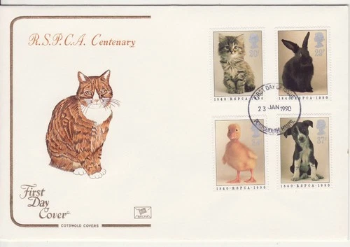 GB Stamps First Day Cover 150th Anniv. RSPCA, animal, charity, cat COTSWOLD 1990