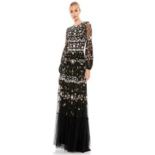 Mac Duggal Floral Embroidered Tulle Gown Black Long Sleeve Formal Dress 60in