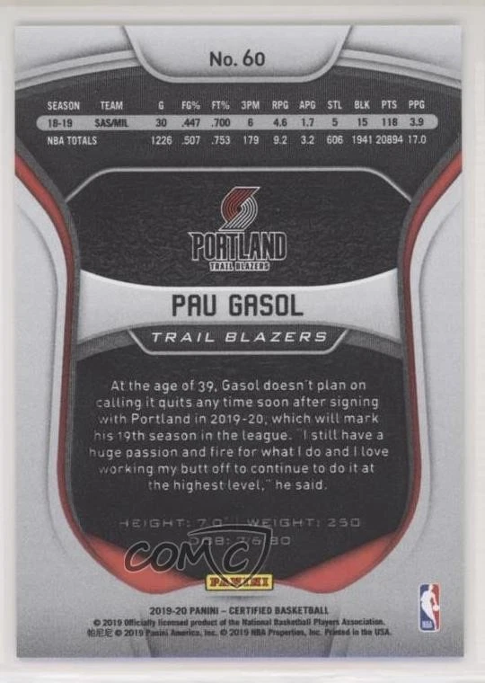 2019-20 Certified Mirror Gold /10 Pau Gasol #60 HOF - Image 2 of 2