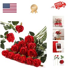 12PCS Artificial Flowers Fake Roses, Realistic Silk Long Stem Red Roses Bouqu...