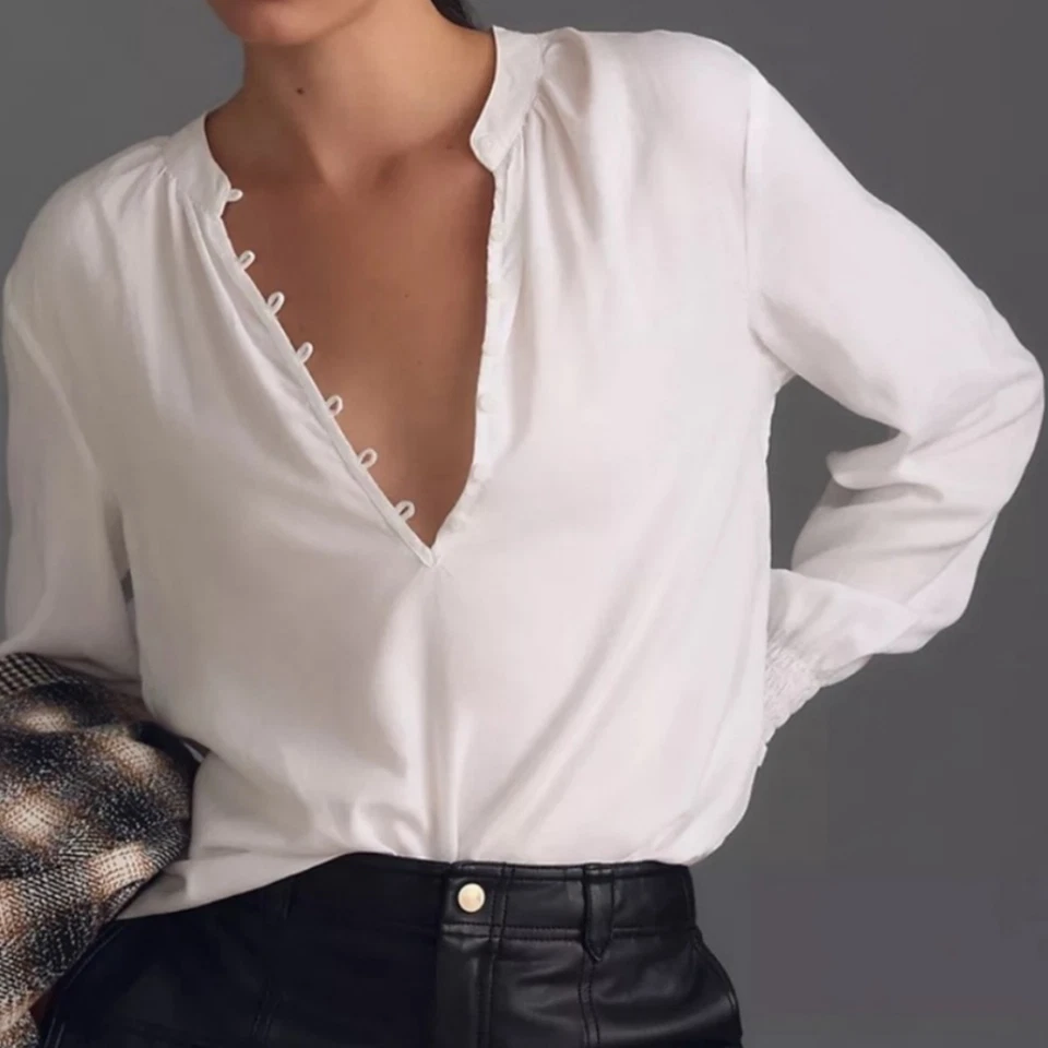 Top campesino blanco de tela y piedra Anthro para mujer talla grande satinado manga larga boho  Foto 3 de 4