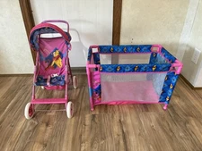 Vintage Winnie The Pooh Doll Stroller Playpen / Crib HAUCK Pink Blue
