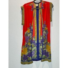 Vintage Gottex Israel Swim Cover Up Sheer Floral Mesh Kimono Vest Red Gold S