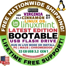 Linux MINT 21.3 USB VIRGINIA Cinnamon 64-Bit Live Boot, full Install for MAC, PC
