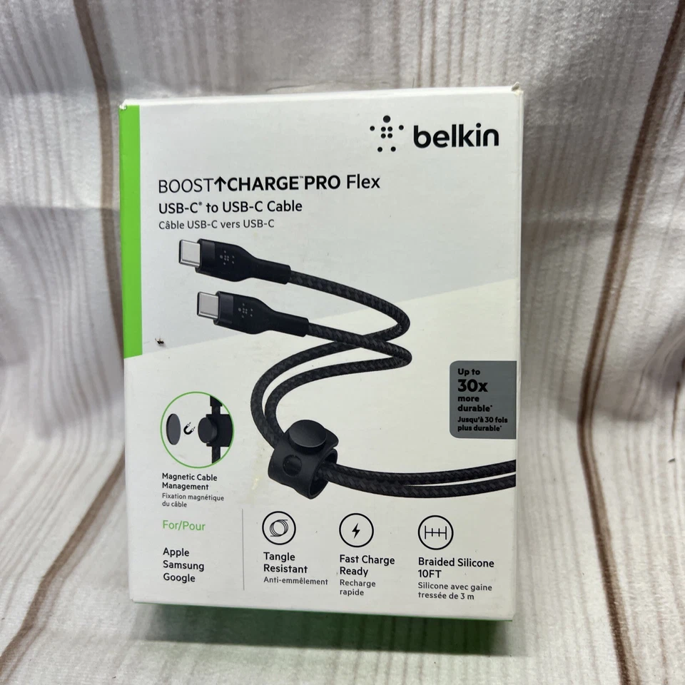 NEW Belkin BoostCharge Pro Flex USB-C Cable W/USB-C Connector Cable + Strap 10FT - Image 3 of 4
