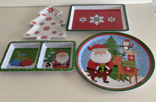 4 pc mixed lot of Plastic Christmas Serving Trays Round Rectangle Tree Xmas - Picture 1 of 5