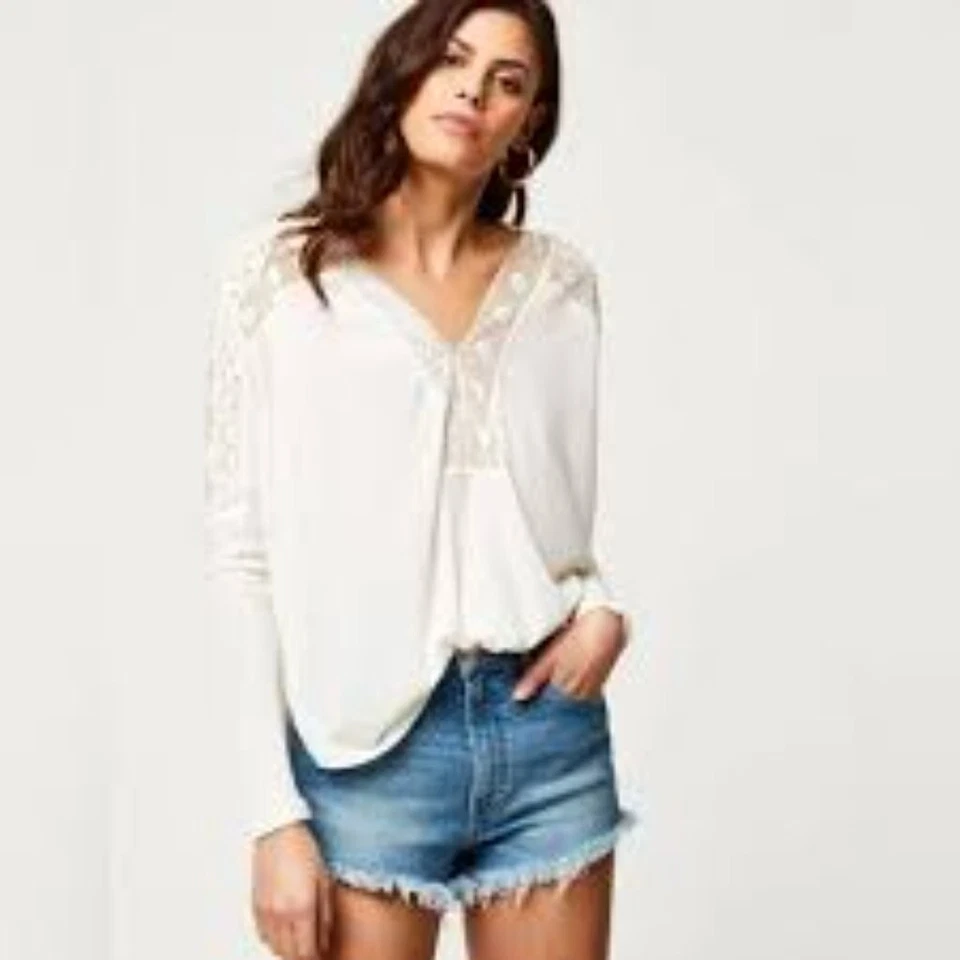 Free People Lola Top White Lace Long Sleeve Boho Style Women's Medium