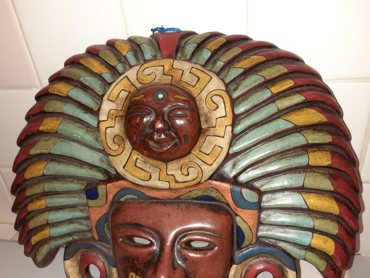 Vintage Clay Aztec Mayan Face Mask with Sun Wall Decoration 11.8