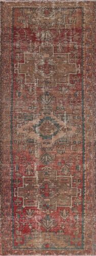 Semi-antique Tribal Geometric Heriz Runner Rug 3x10 ft Handmade Wool Carpet - Picture 1 of 12