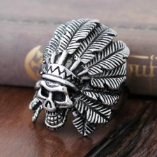 Mens Large Big Retro Indian Chief Skull Head Biker Ring Silver Stainless Steel Mens Large Big Retro Indian Chief Skull Head Biker Ring Silver Stainless Steel