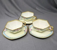 Set 3 Hexagonal Cup & Saucers Art Deco Unmarked, Artist Decorated 