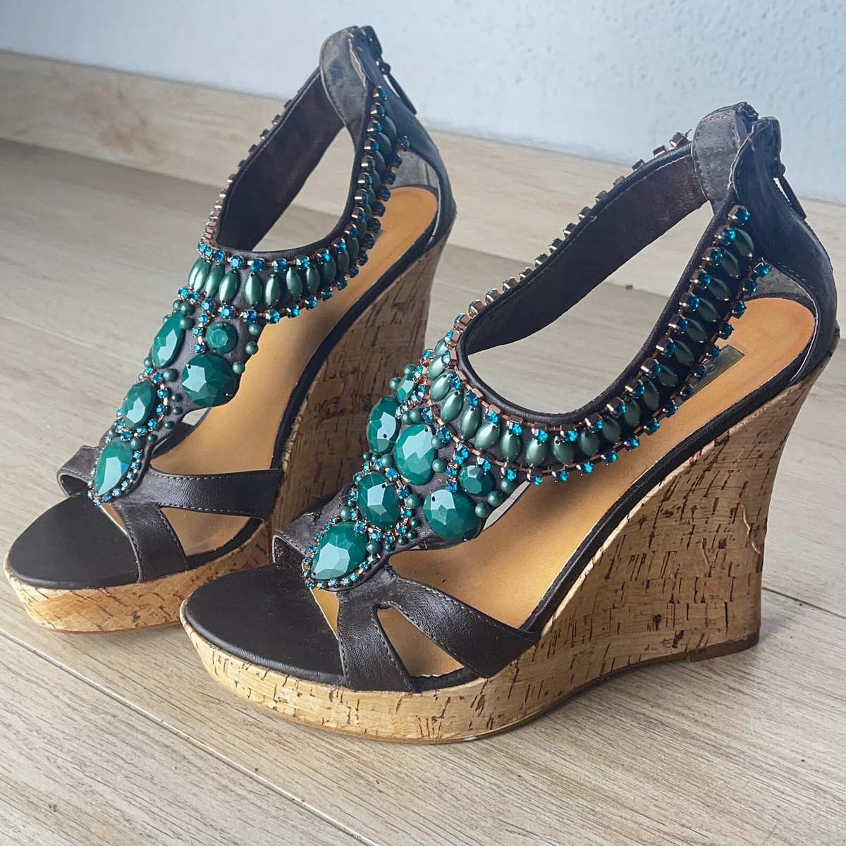 EXE Brown Leather Crystal Embellished Ankle Strap Sandals Platform